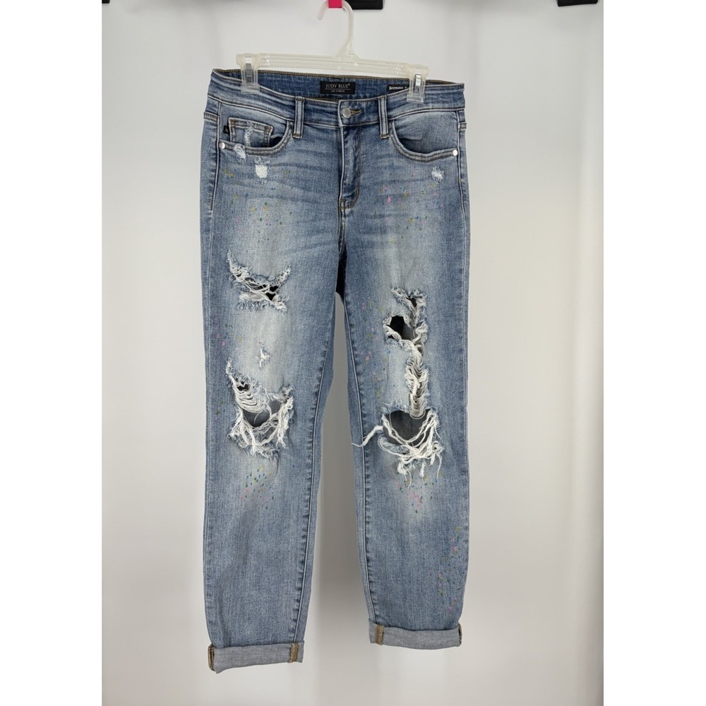 Judy Blue Boyfriend Jeans Womens 7/28‎ Distressed Paint Splatter Cuffed Stretch